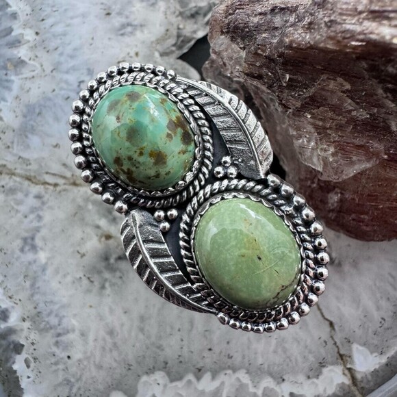 Sterling Southwestern Style Green Turquoise Decorated Adjustable Ring For Women - Picture 1 of 10